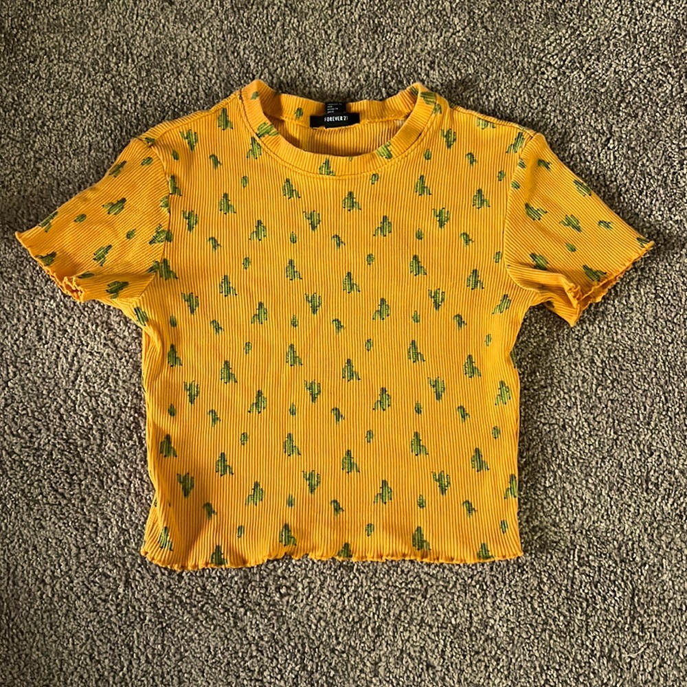 Nature Waffle Knit Shirt Forever 21 Orange Cactus Cabbage Hem Crop Top sz small